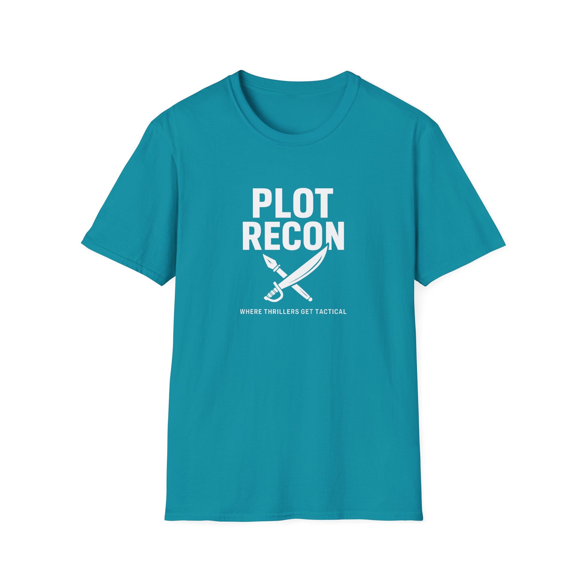 Blue t-shirt with 'Plot Recon' text and graphic on a white background