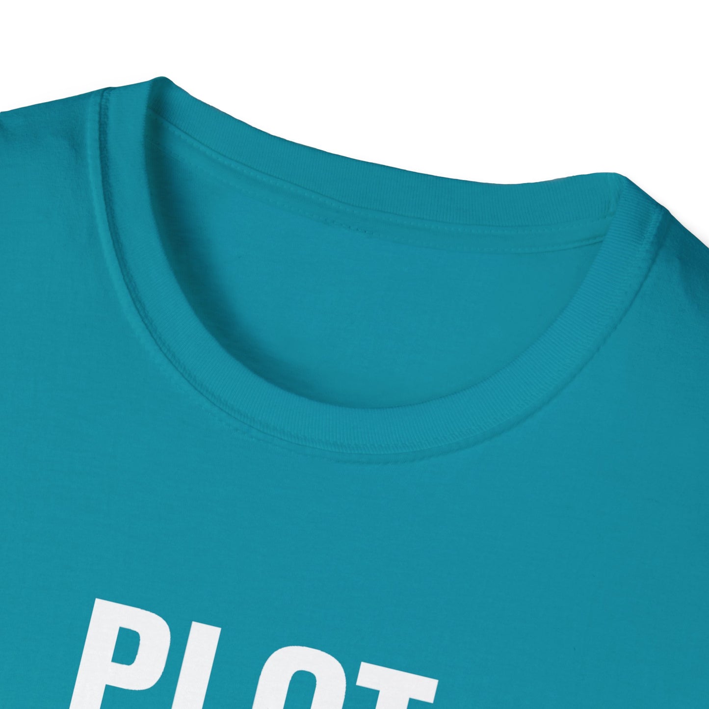 Close-up of a teal shirt with 'Pilot' text on a white background