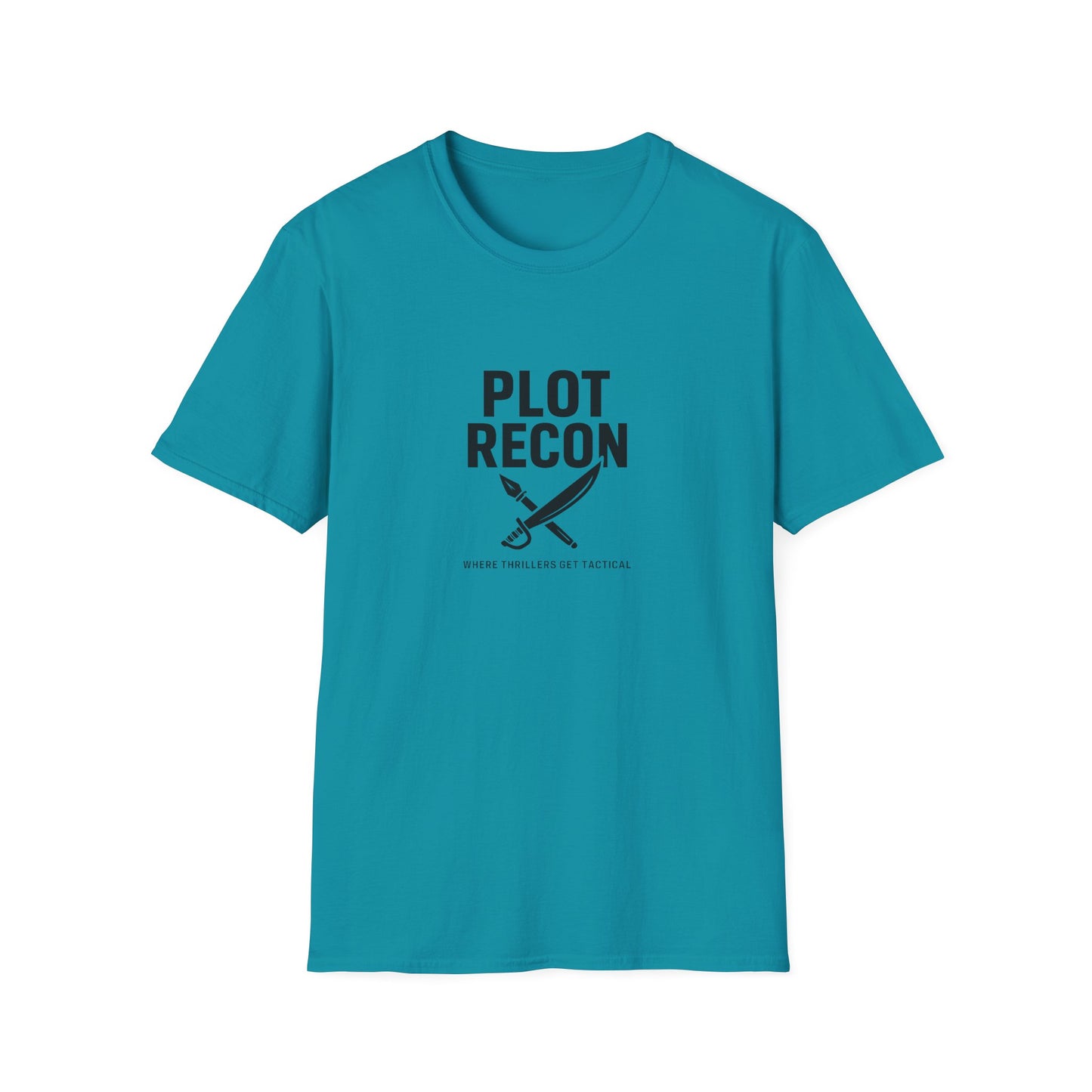 Blue t-shirt with 'PLOT RECON' text and a sword graphic on a white background