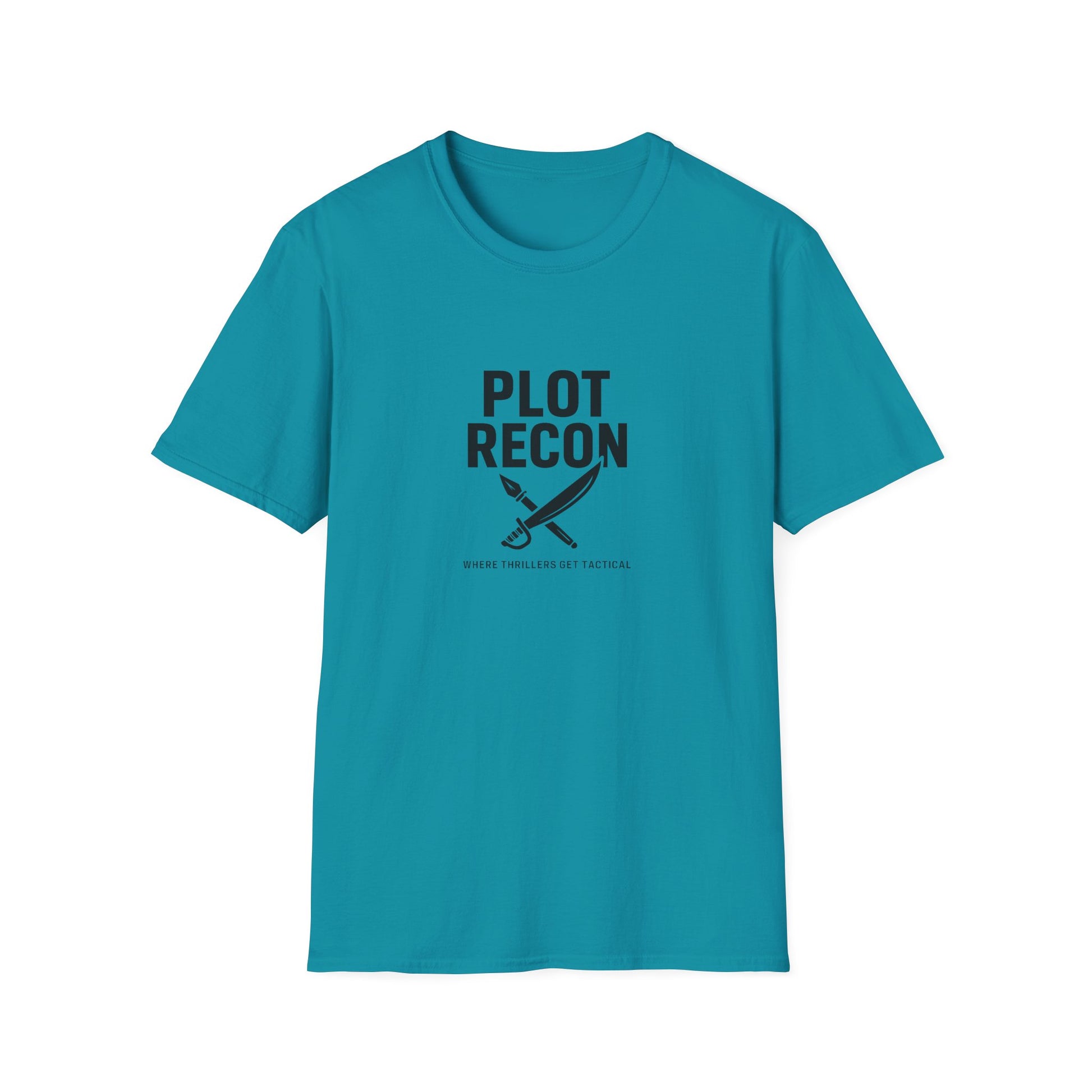 Blue t-shirt with 'PLOT RECON' text and a sword graphic on a white background