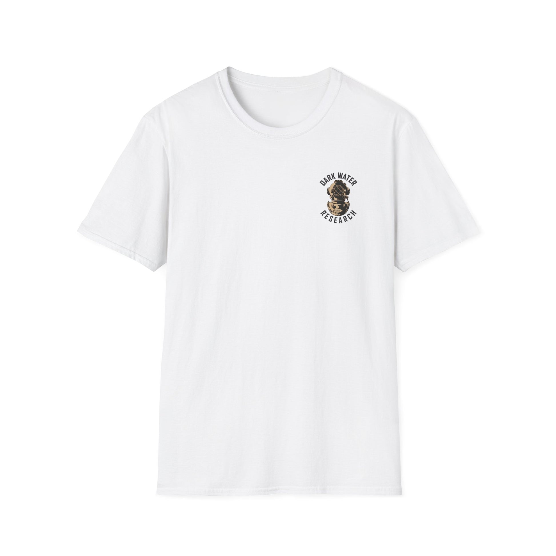 White t-shirt with a logo on a white background