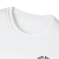 Close-up of a white t-shirt with 'Dark Water' text on a white background