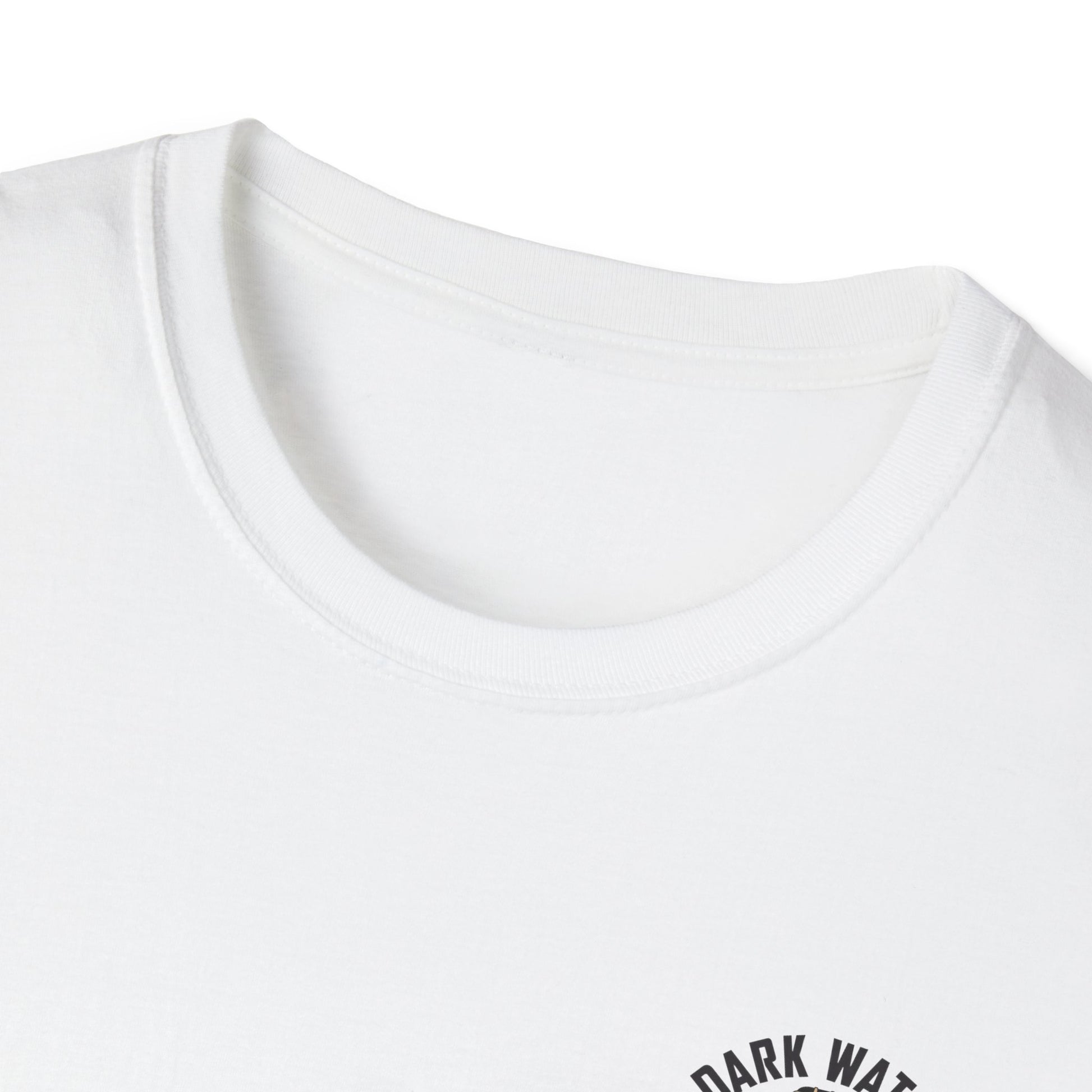 Close-up of a white t-shirt with 'Dark Water' text on a white background