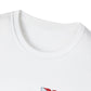 Close-up of a white t-shirt with a small red and blue logo on a white background
