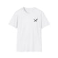 White t-shirt with a small black logo on a white background