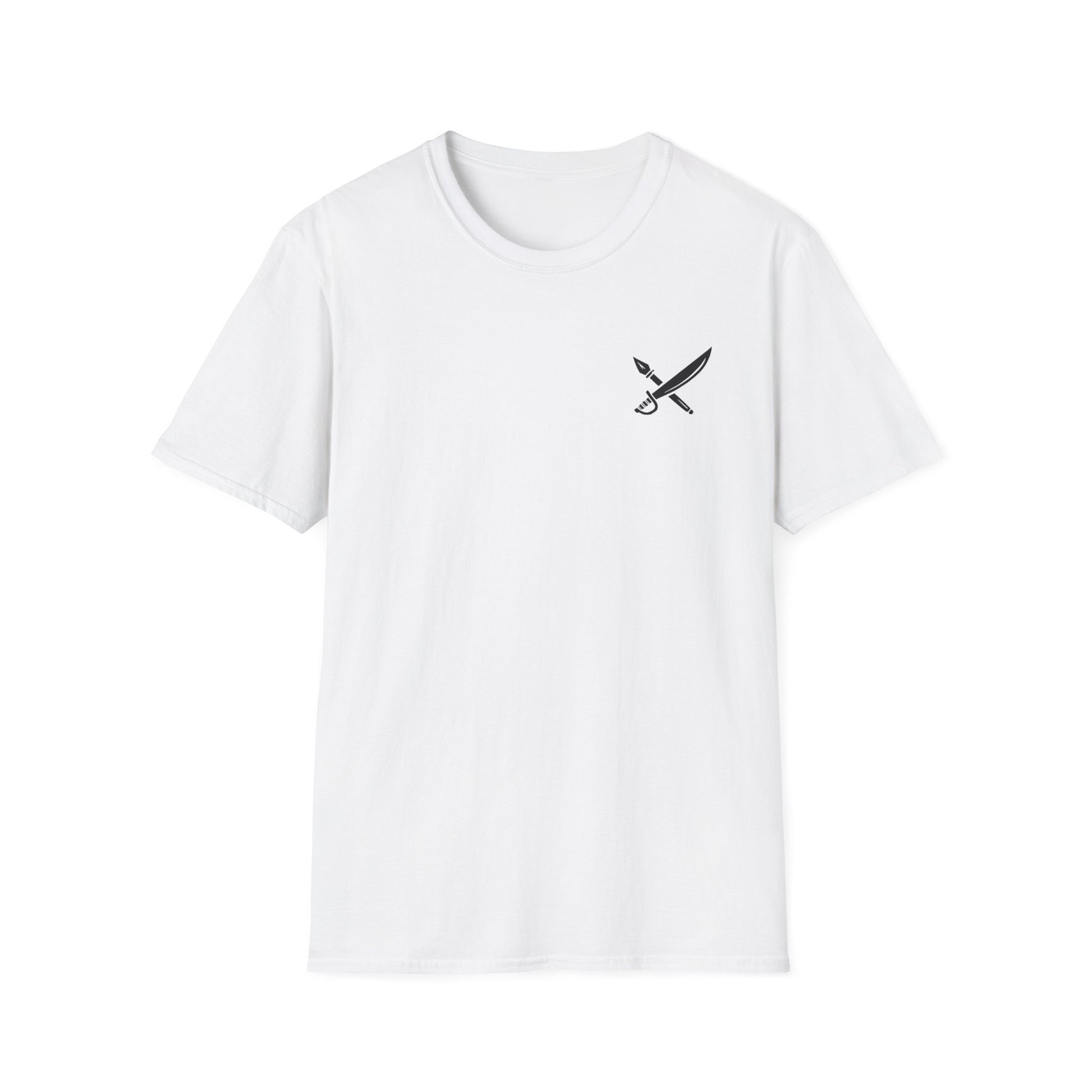 White t-shirt with a small black logo on a white background