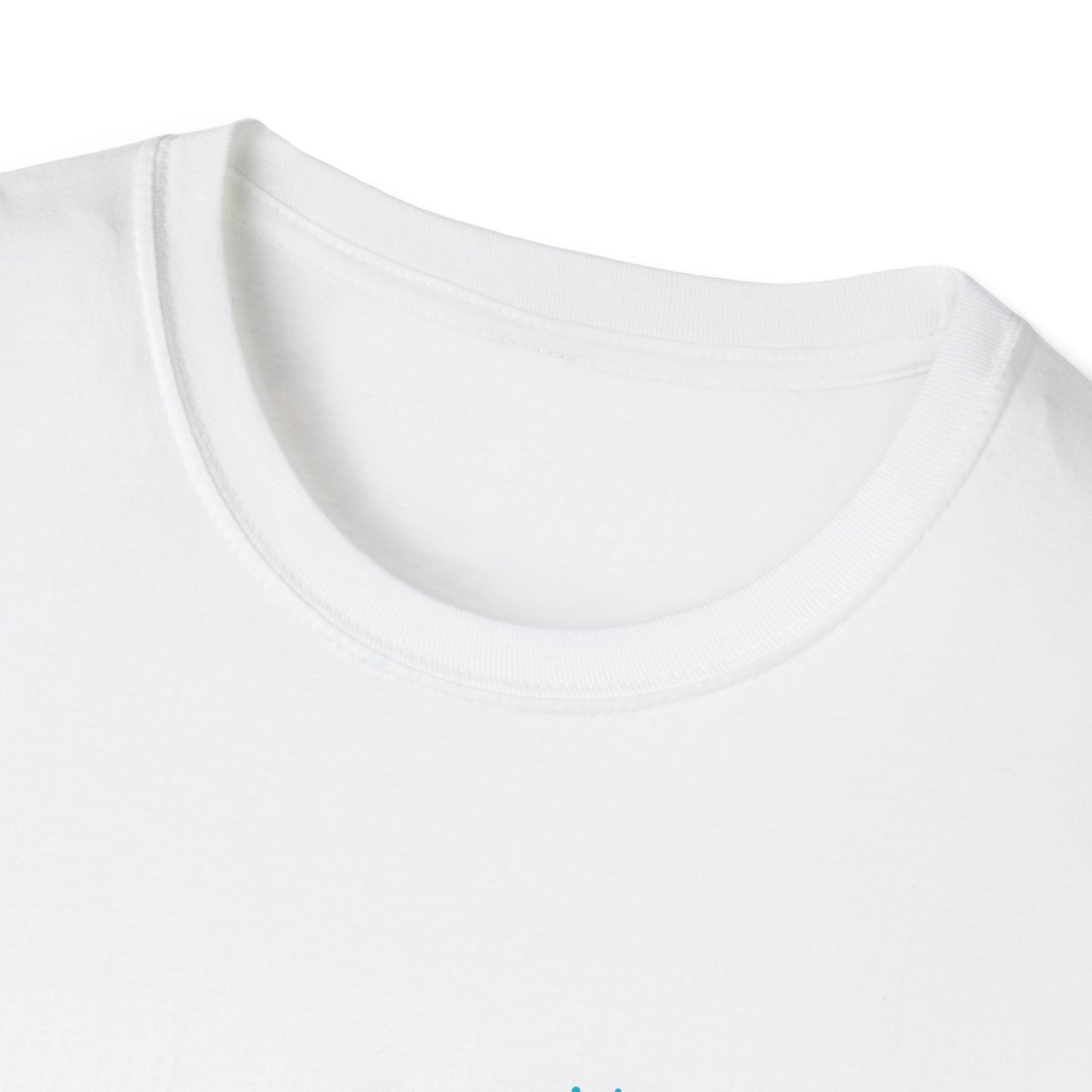 Close-up of a white t-shirt with a visible brand logo.