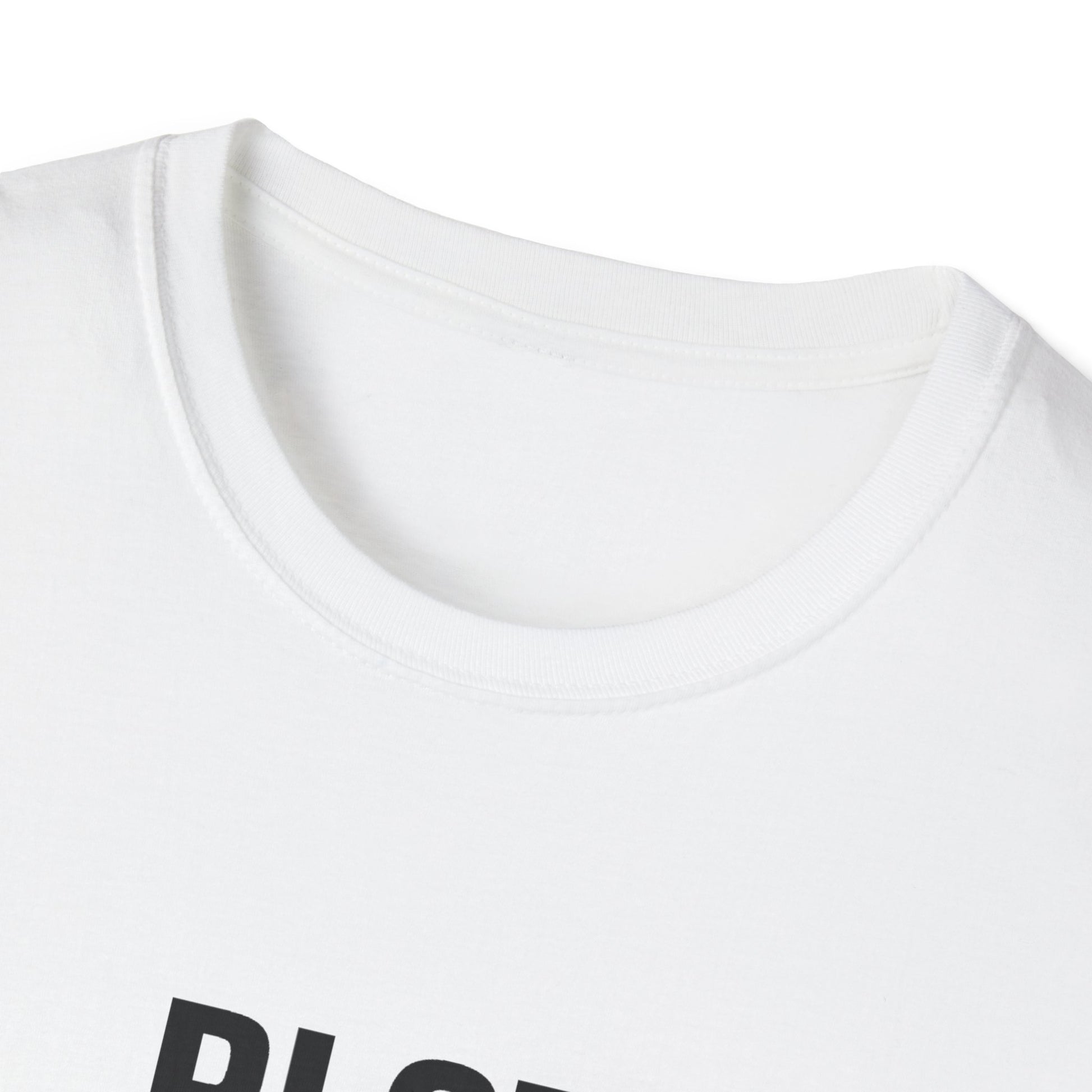 Close-up of a white t-shirt with black text on a white background