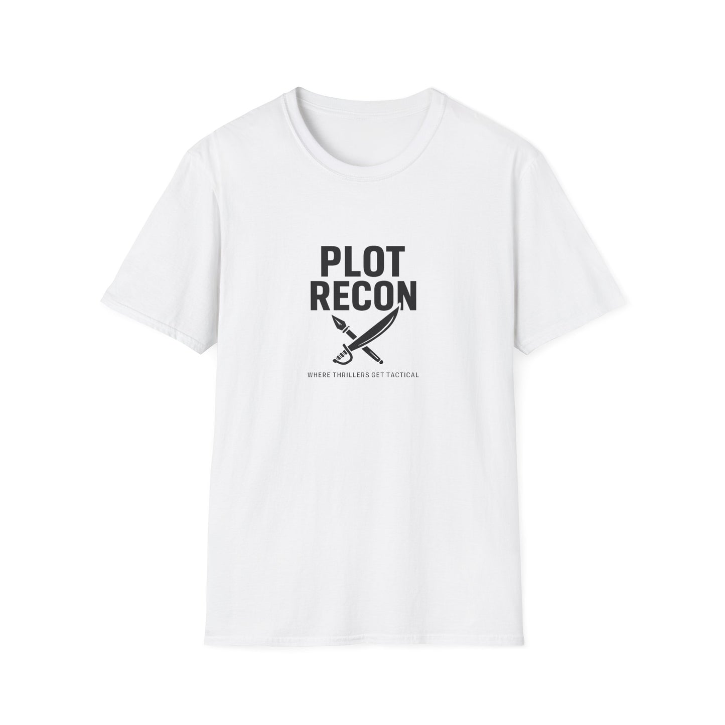 White t-shirt with 'Plot Recon' graphic and text on a white background