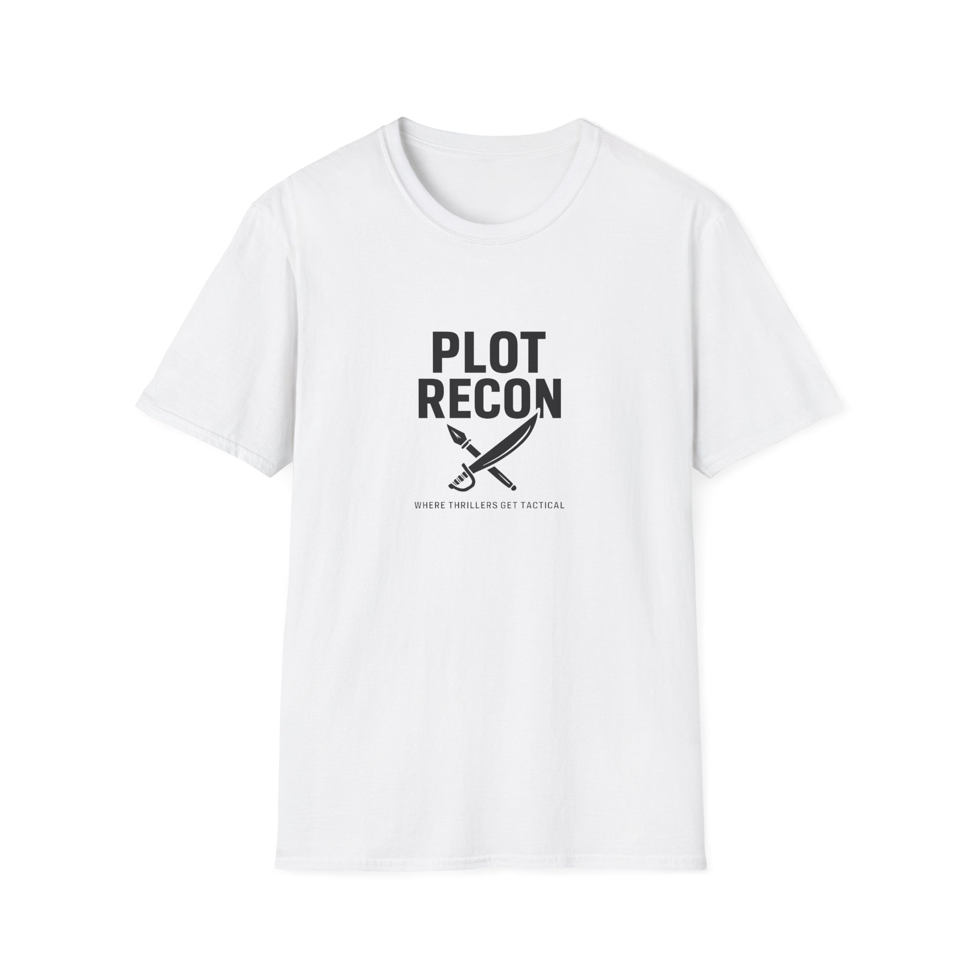 White t-shirt with 'Plot Recon' graphic and text on a white background