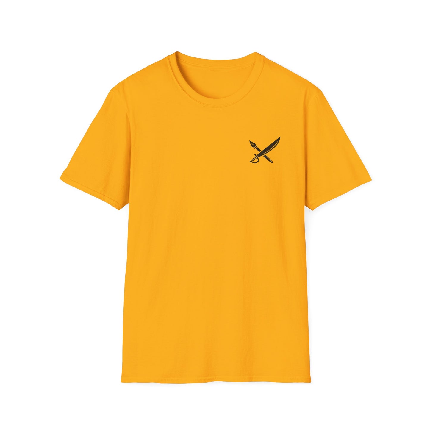 Yellow t-shirt with a black graphic on a white background
