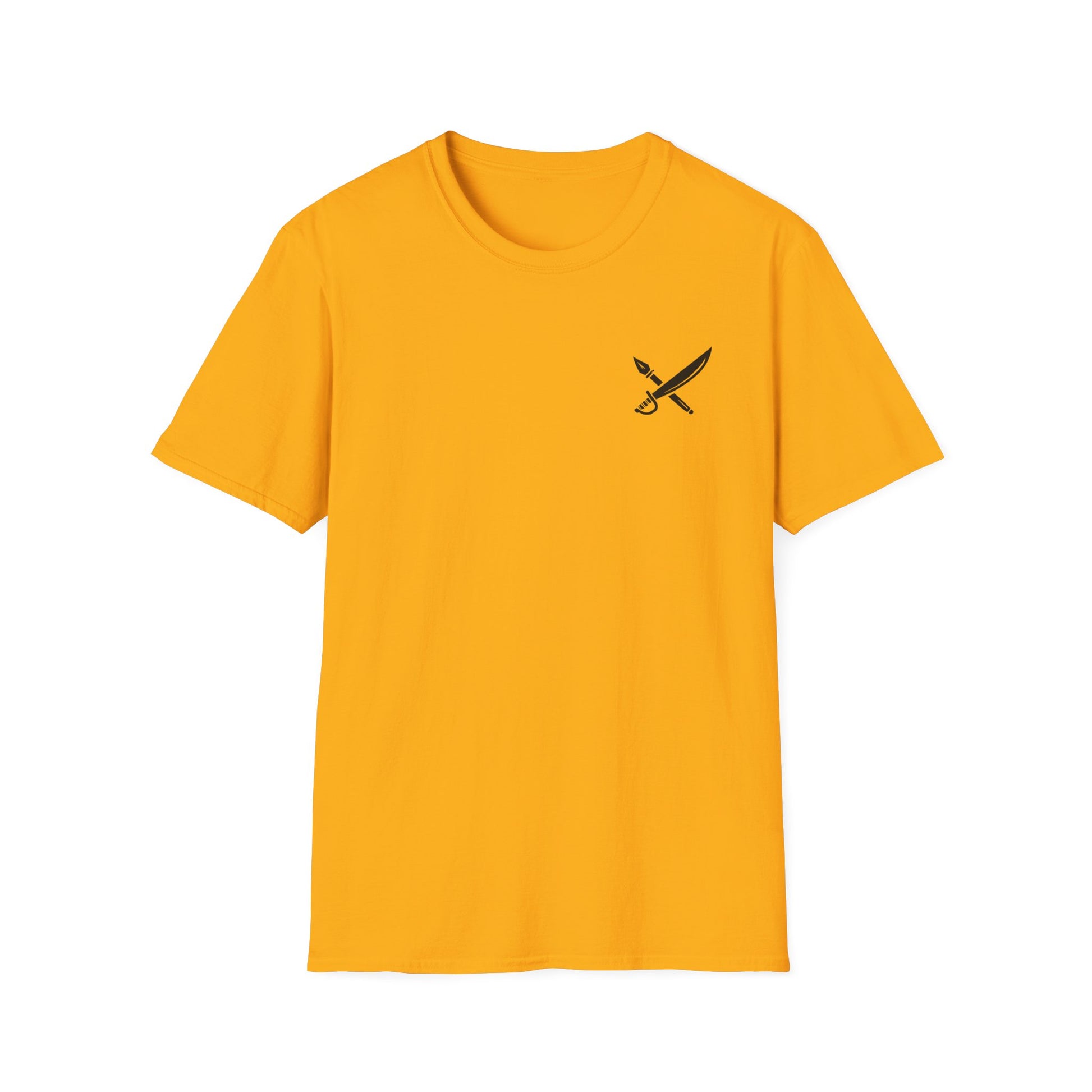 Yellow t-shirt with a black graphic on a white background