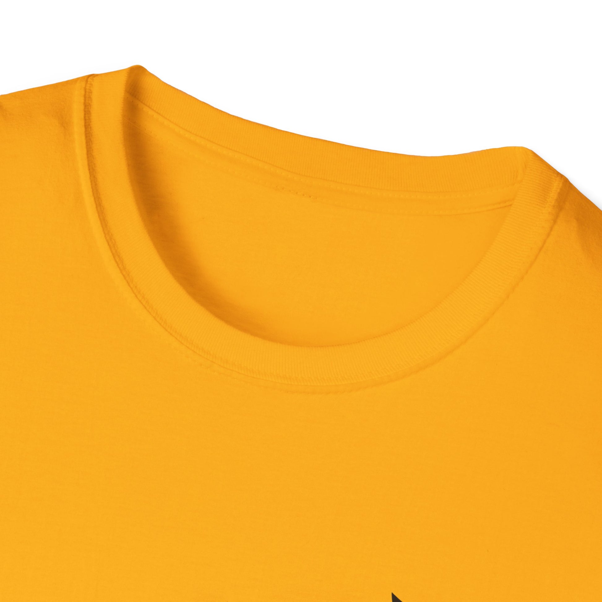 Close-up of a yellow t-shirt with a brand logo on a white background