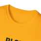 Close-up of a yellow t-shirt with text on a white background