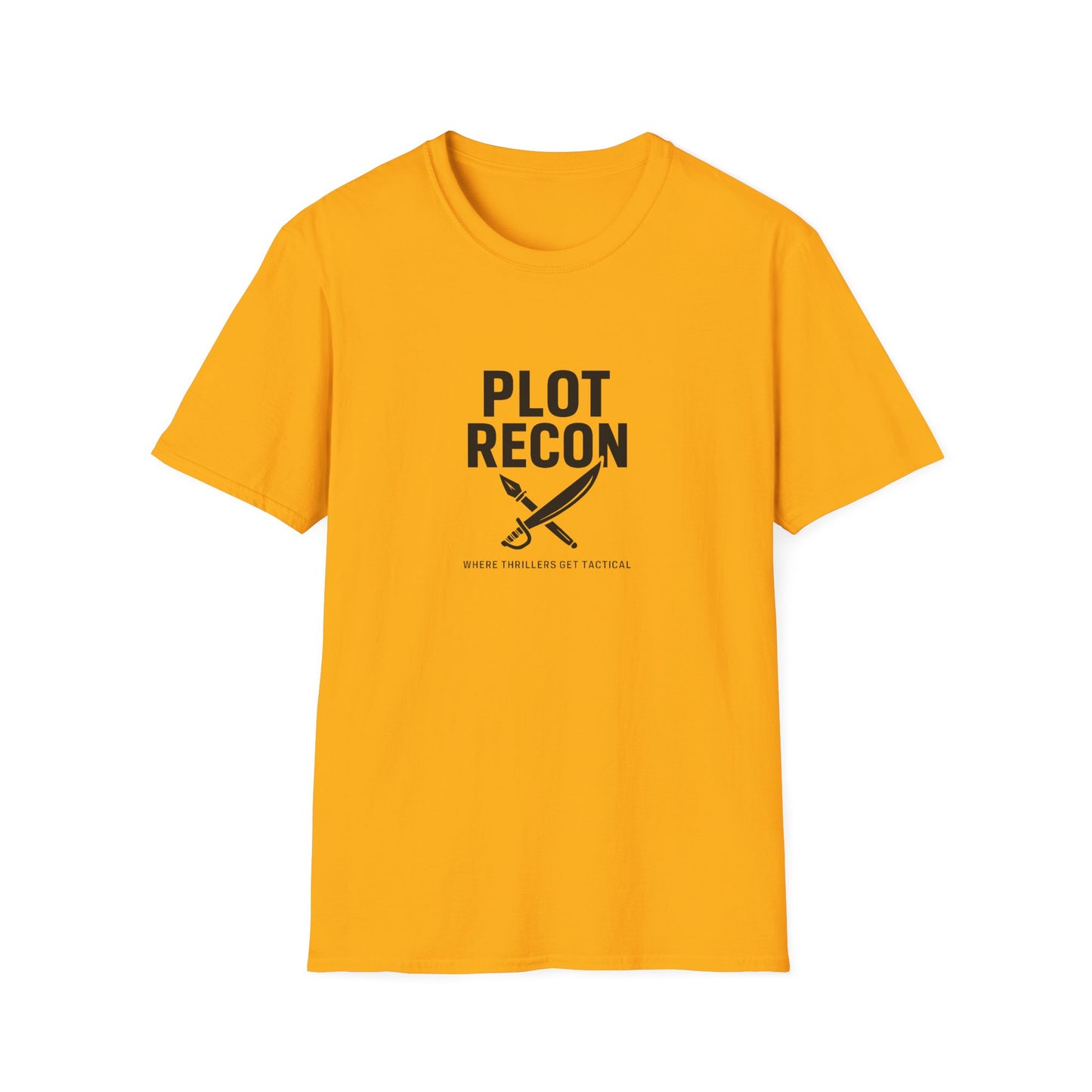 Yellow t-shirt with 'PLOT RECON' text and logo on a white background