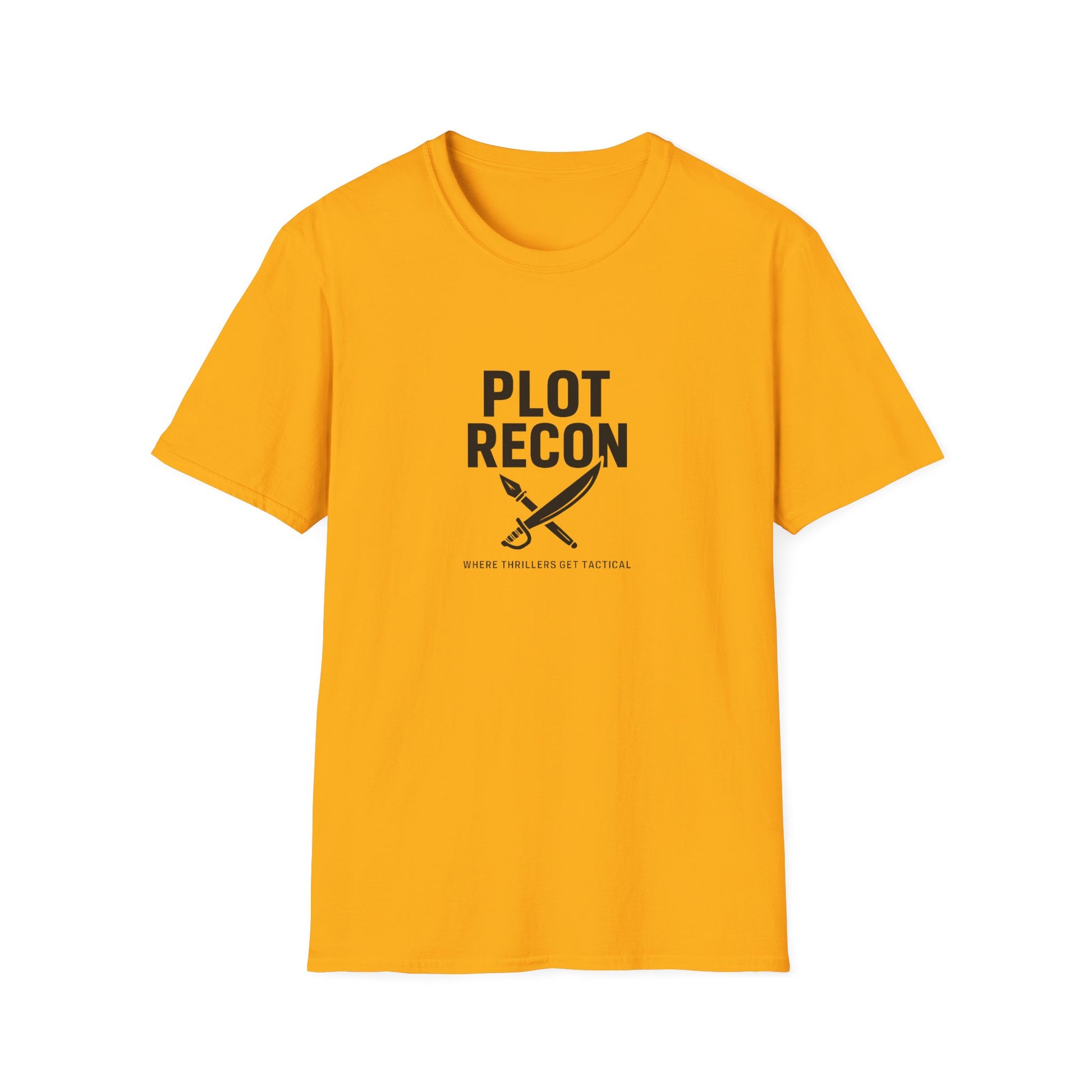 Yellow t-shirt with 'PLOT RECON' text and logo on a white background